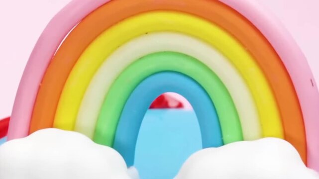 Pastel fondant rainbow cake topper with fluffy white clouds close-up