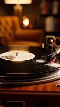 Vintage Vinyl Record Player Spinning in Cozy Room.