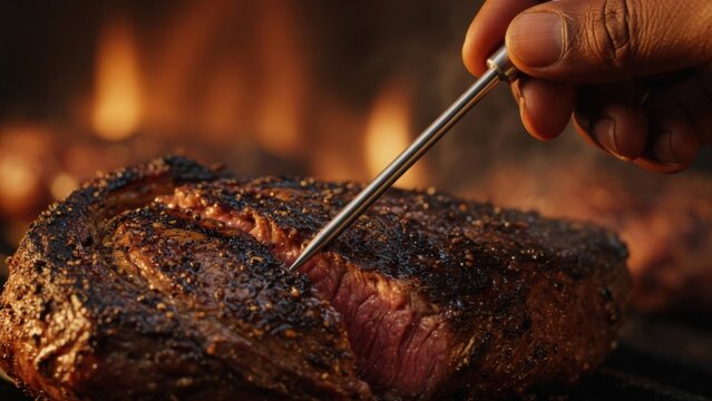 Meat Thermometer Checking Grilled Steak Doneness on BBQ
