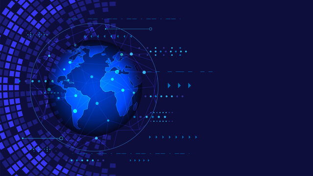 World digital technology background. Futuristic computer network communication. Pixel and elements on blue background. Abstract global innovation banner design