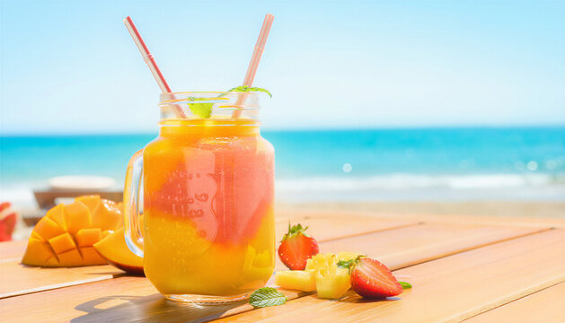 Tropical fruit punch in mason jar with two straws on wooden table overlooking turquoise ocean beach in bright summer sunlight
