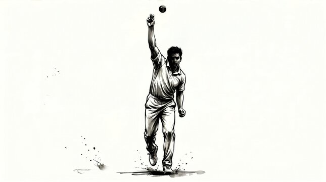 Ink illustration of a cricket bowler throwing a ball