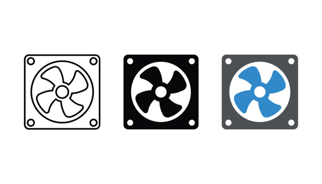 Computer cooling fan icon set featuring a hardware component symbol in three distinct graphic styles for technology hardware and PC building maintenance service applications
