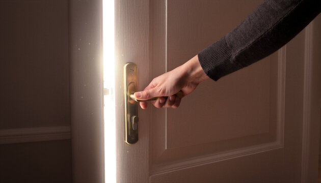 Hand in dark gray sweater pressing gold lever door handle as bright light streams through gap of opening interior door