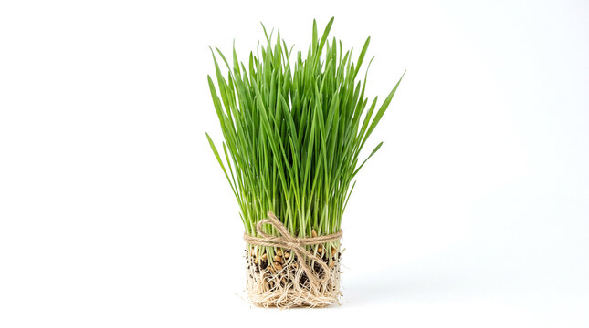 Freshly harvested bright green wheat grass bundle secured with rustic jute twine showing sprouting grains at the base