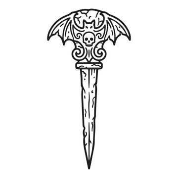 Spooky Halloween Vampire Wooden Stake Dagger Line Art Vector Illustration with Skull and Bat Wings Hilt Isolated Outline Design