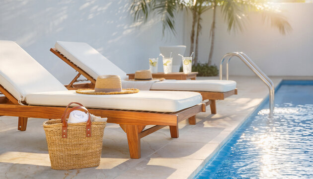 Luxury poolside teak lounge chairs with white cushions straw hat wicker bag and citrus drinks in warm sunlight