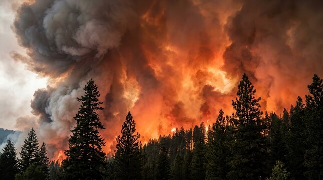 Wildfire disaster in the BC nature landscape with burning trees and red heat.