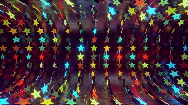 Seamless VJ loop with glowing neon stars abstract structure and psychedelic motion for high-tech club visuals, electronic music festivals, stage screens and for LED video walls