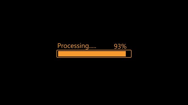 Orange glowing horizontal progress bar with text processing 100 percent complete.4k