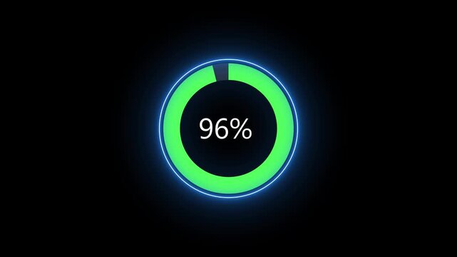 Futuristic glowing circular loading progress ring showing 95 percent on black background.