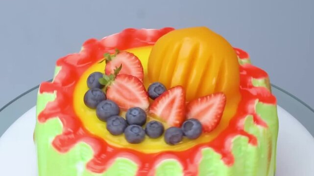 Fruit cake decorated with yellow glaze, red drip border, fresh strawberries, blueberries, and sliced peach close-up