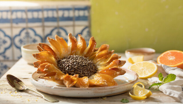 Sunflower-shaped pastry with golden phyllo petals and sunflower seed center on ceramic plate with citrus slices