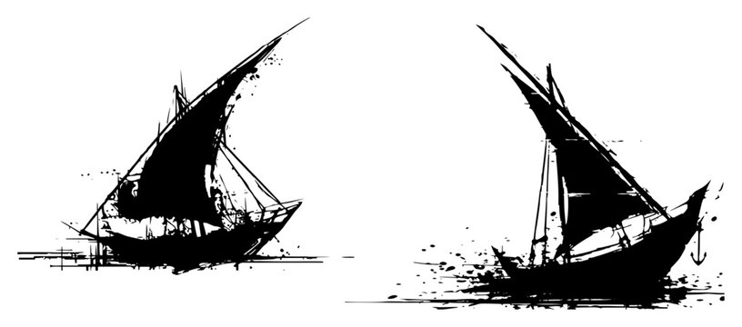 Traditional dhow sailing boats silhouette in artistic ink splatter style