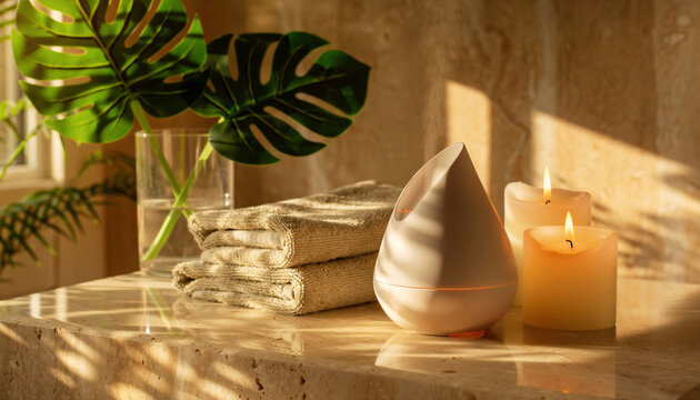 Spa wellness still life with white aromatherapy diffuser lit candles folded towels monstera leaves warm golden sunlight on marble