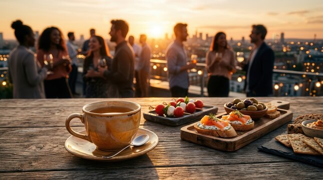Relaxed atmosphere of an afterwork gathering with snacks and tea cups on a wooden desk.