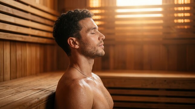 A male athlete practicing wellness and recovery in a warm wooden sauna.