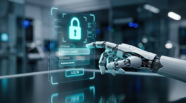 A robot secures system access by monitoring a digital login portal and private accounts.