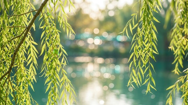 A peaceful scene of green weeping willow branches in nature.