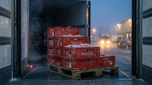 Frozen poultry products in crates being transported in a refrigerated truck under misty winter conditions.
