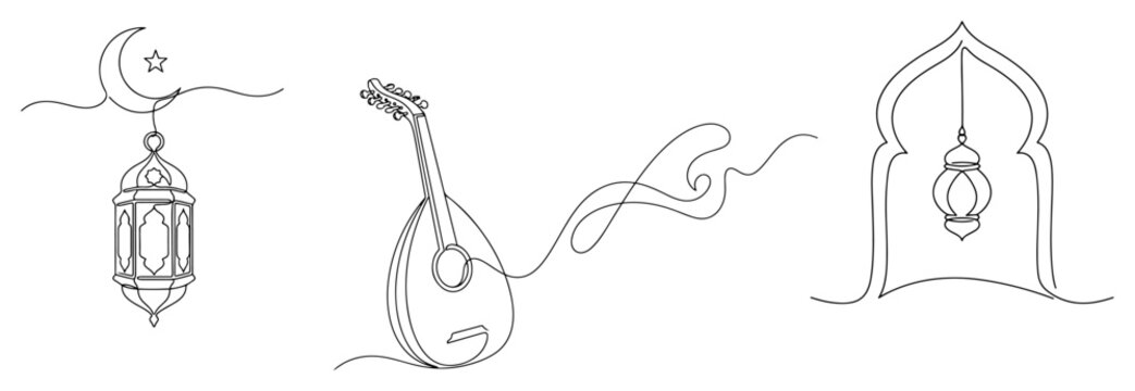 Islamic lanterns and oud musical instrument in minimalist continuous line art style