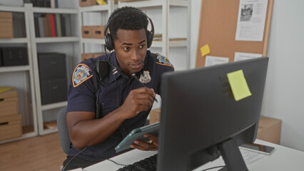 Man police officer writing on tablet with stylus at desk in building, headset worn and badge...