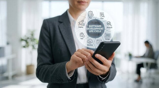 Software Development Life Cycle concept displayed on a mobile device held by a professional in a modern office setting.