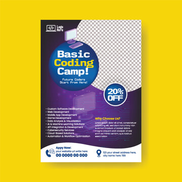 Children Coding Camp Flyer Poster Template for Robotics And AI Learning, Computer Programming Education Promotion, STEM Course Brochure Cover Design, Editable Print Leaflet For Kids Technology Class