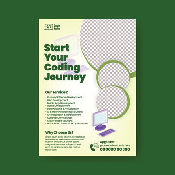 Kids Coding And Robotics Camp Flyer Template With AI Learning Poster Design, Computer Programming Education Promotion, STEM Technology Class Brochure Cover, Editable Print Leaflet For School Marketing