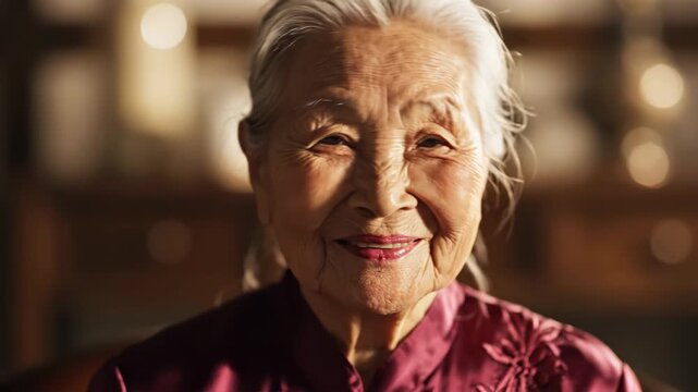 Close-up portrait of an elderly East Asian woman with gray hair and deep wrinkles smiling warmly at the camera in a dim indoor setting with golden bokeh background lighting.