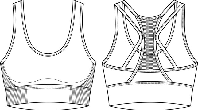 Fashion technical sketch of a women sports bra with racerback mesh panel and double strappy details front and back views