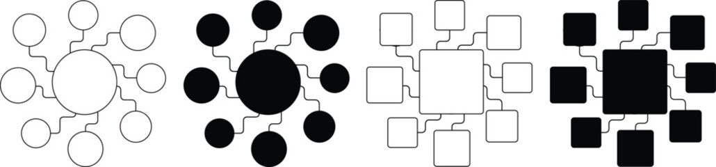 Obraz premium Radial Circle and Square Connection Diagram, Central Node Network Template, Vector Black and White Outline and Solid Business Elements