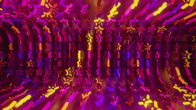 Seamless VJ loop with glowing neon stars abstract structure and psychedelic motion for high-tech club visuals, electronic music festivals, stage screens and for LED video walls