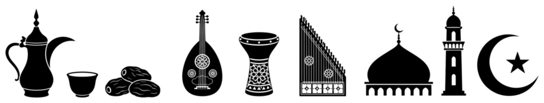 Arabic cultural icons set with musical instruments and mosque silhouettes