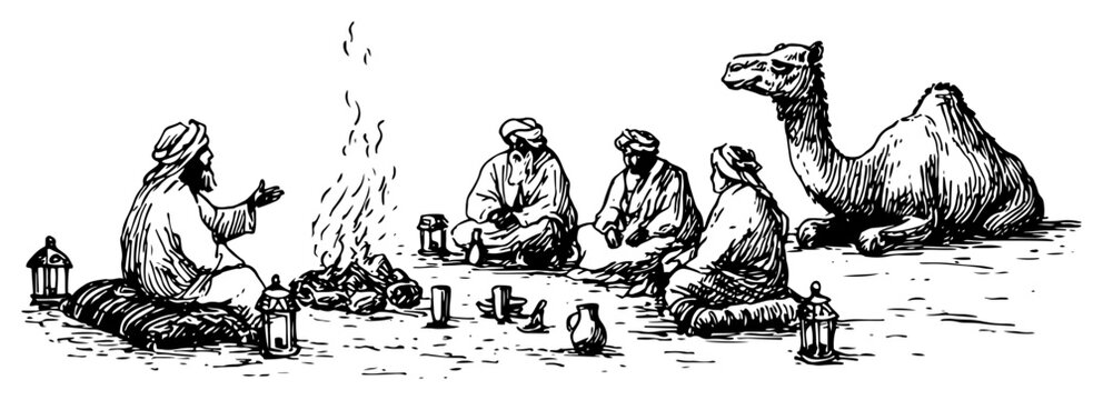 Bedouin men sitting around campfire in desert with resting camel in vintage engraving style