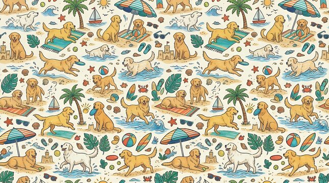Golden Retriever Summer Beach Day Playful Doodle Seamless Pattern  Summer golden retriever dog beach day playful goofy whimsical doodle hand drawn seamless pattern repeat fabric