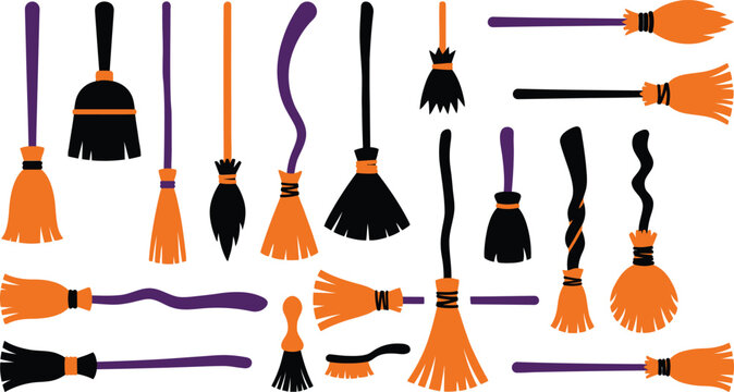 Assorted witch broom collection halloween decorations vector graphics and magical supplies illustration