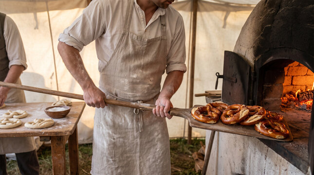 Man baking pretzels in outdoor oven at traditional festival  