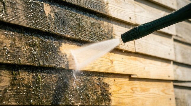 Powerful water jet stream removing dirt and moss from exterior house siding.