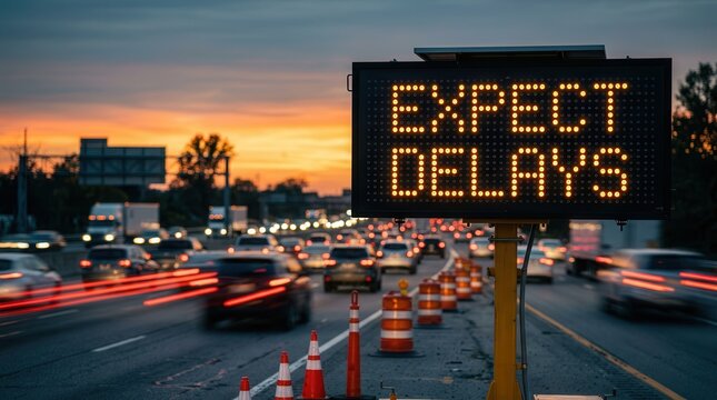 Blurred cars drive past road cones and a traffic warning sign at sunset.