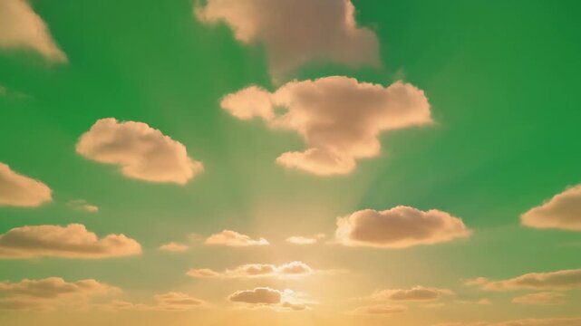 Soft pastel sunset clouds drifting over green screen backdrop. Dreamy golden hour sky motion for video overlays and digital effects.
