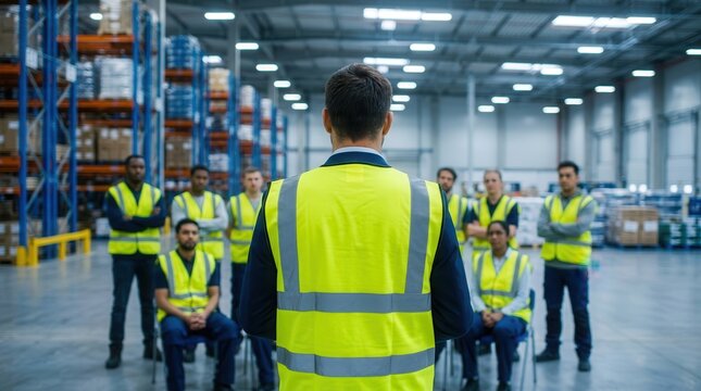 A warehouse manager in high-visibility clothing addresses a large team of industrial staff.