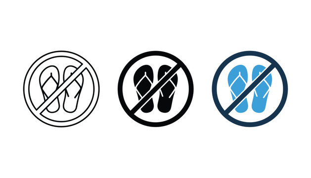 No flip flops allowed warning sign icon set featuring prohibited footwear symbol inside a circle in line solid and flat color vector styles for beach and pool safety rules