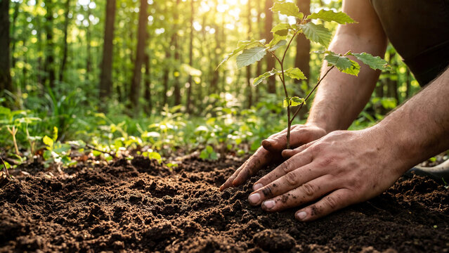 Closeup of a persons hands planting a small young tree sapling in the fertile soil of a forest at sunrise