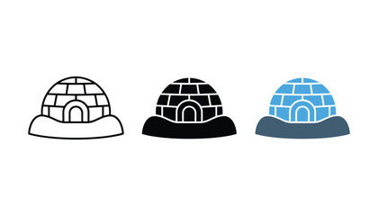 Igloo winter home icons featuring ice block construction in outline solid and blue color styles for arctic travel and geography education graphic design vector collection assets © TARU STOCKPLC