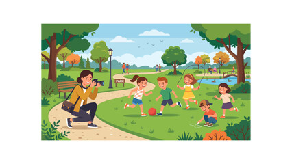 Naklejka premium Professional female photographer taking photos of children playing in a sunny city park, kids enjoying outdoor activities and sports on green grass