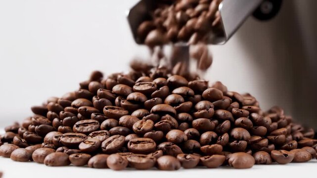 Fresh Roasted Coffee Beans Pouring from Scoop.