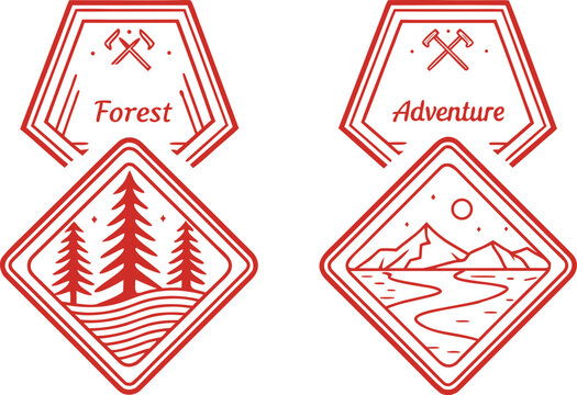 Set of four vintage outdoor adventure emblems with mountains trees and axes in a hand drawn sketch style