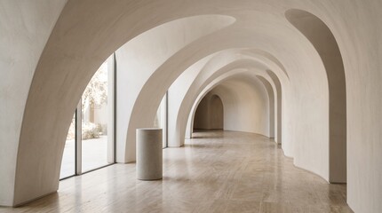 Fototapeta premium Modern architectural interior with curved arches and marble floor creating a serene and minimalist background for design