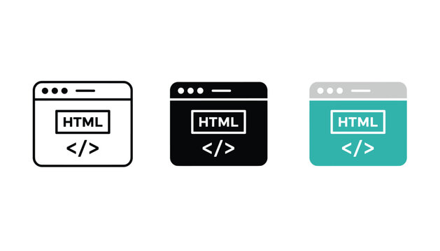 Browser window with html code icon set representing web development and programming services for software engineering websites and technology branding isolated on white background
